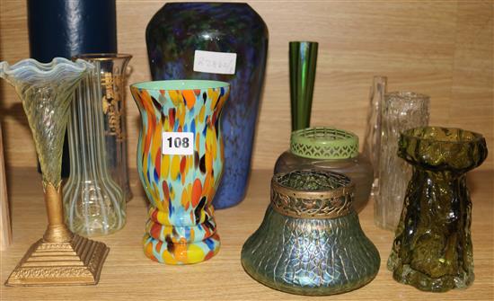 A collection of mixed glass vases including Whitefriars, Vaseline and Loetz style and Modena glass